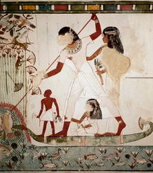 Egyptian antiquity: “Fishing scene”. The nobleman Menna is depicted on a boat with his wife harpooning a fish. Fresco from the tomb of Menna (TT69) in the nobles
