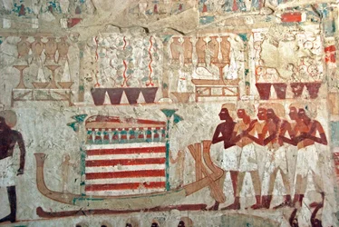Egyptian antiquity: painting decorating the tomb of Userhat (Ursehat) depicting the sacred boat carrying the catafalque with the mummy of Oursehat