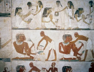 Funeral feast with female musicians, women putting on jewelry, men and musicians, frescoes in Tomb of Rekhmire, Sheikh Abd el Qurnah Necropolis, Luxor, Thebes