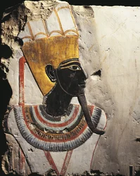 Limestone blocks painted with reliefs depicting God Amun-Min, from Temple of Tuthmosis III at Deir el-Bahari, Egypt