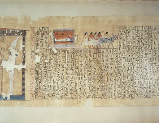Papyrus Depicting Transportation of Sarcophagus on Carriage Pulled by Ox, from Book of the Dead of Maiherperi