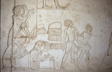 Relief depicting scribes at work, from the Tomb of Horemheb (c.1323-1295 BC) New Kingdom