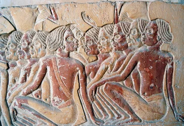 Relief of Nubian slaves, second court of Tomb of Horemheb, Saqqara Necropolis, Memphis