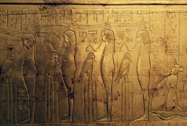 Reliefs of first register of outer panel of second funeral chapel, Treasury of Tutankhamun, Egypt, Egyptian civilization, New Kingdom, Dynasty XVIII
