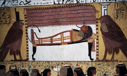 The deposition of deceased, wall painting, Tomb of Sennedjem, Valley of Kings, Luxor, Thebes