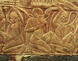 The Enemies of Egypt Vanquished and Enslaved, Detail from the Inside of One of the State Chariots Found in the Tomb of Tutankhamun (c.1370-52 BC) New Kingdom, c.1340 BC
