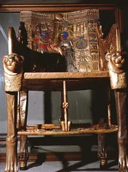 Throne of Tutankhamun, showing the King seated and the Queen offering him a vase, from the tomb of Tutankhamun in the Valley of the Kings at Thebes