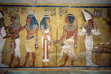 Tutankhamun before Osiris, pharaoh in front of goddess Nut and Ay performing opening of mouth ceremony, fresco, wall of burial chamber, Tomb of Tutankhamun, Valley of the Kings, Thebes, Egypt. Egyptian civilization, New Kingdom, Dynasty XVIII