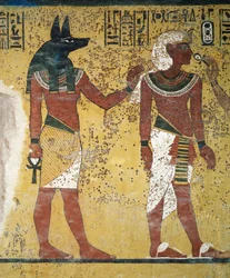 Tutankhamun Being Welcomed by Anubis and Hathor and Offering Them the Ankh, Fresco, South Wall of the Burial Chamber, Tomb of Tutankhamun (KV62), Valley of the Kings, Thebes, Egypt. Egyptian Civilization, New Kingdom, Dynasty XVIII