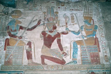 Egypt, Abydos, Temple of pharaoh Seti I, Osiris chapel, painted relief