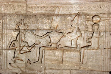 Relief Depicting Pharaoh Ramses II in Front of the Deities of the Theban Triad, Funeral Temple Dedicated to Pharaoh Ramses II, Ramasseum Site, Luxor, Egypt