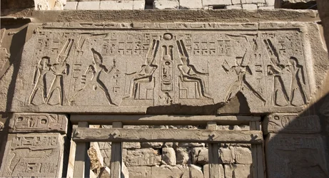 Egyptian Antiquity: View of the Architrave Decorates the Representation of Pharaoh Ramses II Honoring the God Amon and Hieroglyphs, Temple of Pharaoh Ramses II in Luxor, East Bank (Thebes), Egypt