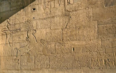 Egyptian Antiquity: View of the Reliefs Celebrating the Feats of Ramses II During the Battle of Qadesh in 1274 BC, Memorial Temple Dedicated to Pharaoh Ramses II, Site of Ramesseum in Luxor, Egypt