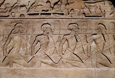 Prisoners Illustrating the Victories of Pharaoh Ramses II, Bas Relief at the Entrance of the Great Temple of Ramses II, Egypt, Abu Simbel