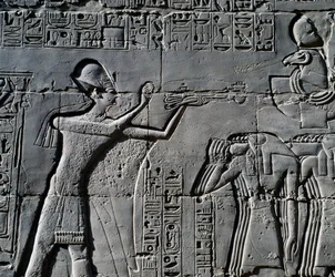 Ramesses II in front of sacred boat, relief, interior walls of Great Hypostyle Hall, Karnak temple complex