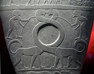 The Narmer Palette: Ceremonial Palette Depicting a Pair of Long-Necked Cats Being Held on Leashes, Found at Hieraconpolis, Early Dynastic Period, c.3000 BC (detail)