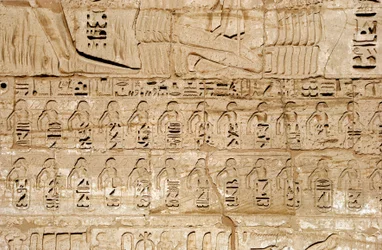 Egyptian antiquity: detail of the reliefs of the first pylon representing the emblems of the cities conquered by Pharaoh Ramses III. Funeral Temple of Ramses III