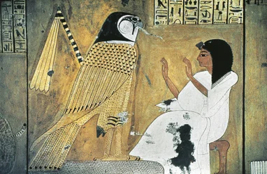 Mural painting of scene from Book of the Dead, transformation into Golden Falcon