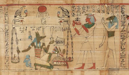 Detail from the Book of the Dead of the Priest Aha-Mer Depicting Anubis Weighing the Heart of the Deceased Against the Feather of Truth