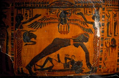 Egyptian antiquities: sarcophagus of painted wood by Boutehamon (Butehamon), royal scribe. From Thebes. 21st dynasty. 990-970 BC. Detail representing the creation of the world: Nout, the goddess of Heaven, separates from Geb, the god of Earth. Turin