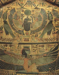 Mummy cover with winged divinity protecting scarab, symbol of eternity