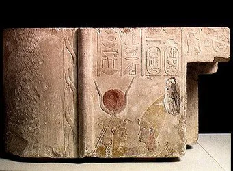 Nectanebo II (360-343 BC) Being Embraced by the Goddess Isis, Fragment from a Door, Late Period, c.358-341 BC