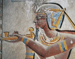Egypt, Ancient Thebes, Valley of the Kings, Painted Relief of Pharaoh at Tomb of Ramses VI