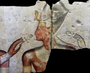 King Ramses II, among the gods. Comes from the small temple built by King Ramses II at Abydos. About 1275 BC (19th dynasty)