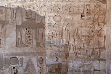 Ruler of Upper Egypt making an offering to Ra and Knoum, Temple of Horus, Edfu