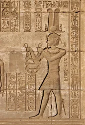 Roman mammisi commemorating the birth of Ihy, son of Isis - Detail of reliefs and hieroglyphs: Emperor Trajan carrying offerings to the goddess Hathor - Temple of Hathor, Denderah, Egypt