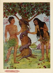 Adam and Eve in the Garden of Eden, according to a Surah of the Koran. Egyptian Islamic image