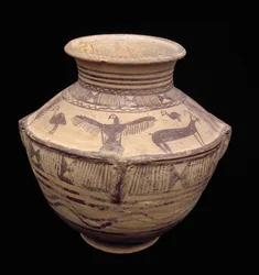 Vessel depicting an open-winged bird of prey and other animals, Fasa Ware, c.2000 BC