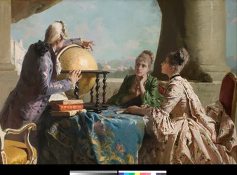 The Lesson of Geography. Two Young Women of High Society and Their Teacher Showing Them a Globe of Earth. Painting by Eleuterio Pagliano (1826-1903), 1880. Private Collection