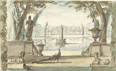 View in a garden with a pond, a fountain and a peacock