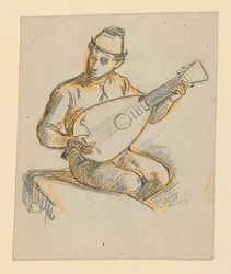 Seated boy playing a lute