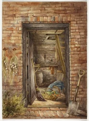 Brick Wall with Open Door and Shovel