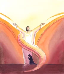 Christ is Really Present in the tabernacle, constantly praying for us, His arms out-stretched in prayer towards the Father above, Whom Christ sees dwelling in the glory which we cannot yet see.