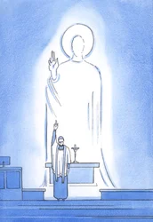 Christ speaks and acts through His priests, who bless and forgive 