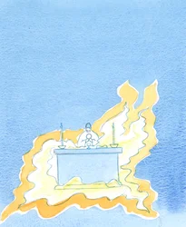 Flames billow out from the front of the altar