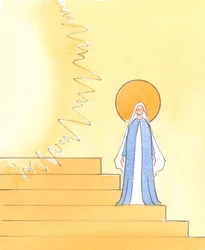 In a picture of the Court of Heaven, where God the Father reigns in glory, Our Blessed Lady is placed on the steps which lead to the Father