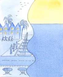In a seaside town, we can gaze at the busy streets and harbour, or turn to admire the sky and the calm sea
