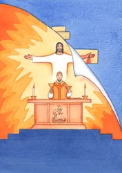 Jesus is Present with us at Mass, praying to the Father on our behalf, for help in our needs, and for eternal salvation. We can unite all our prayers with his great sacrificial prayer
