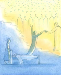 The Holy Soul who is ready for Heaven is met not only by Christ, but also by His holy Mother and all the Saints