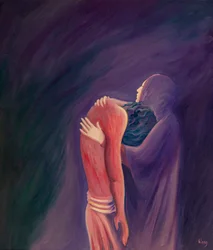 The sorrowful Virgin Mary holds her Son Jesus after his death, pierced to the heart with sorrow, but full of faith