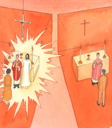 When the bread and wine are consecrated by a Catholic priest, they are changed into the Sacred Body and Blood of Christ; and Christ transforms the Communicant, by His Divine life