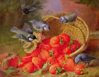 Still Life with Strawberries and Bluetits
