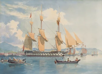HMS Ganges lying at anchor and drying her sails off Rio de Janeiro
