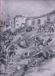 The Aschaffenberg 2nd Bavarian Hunter Battalion at Lagarde August 1914, from The Illustrated History of the World War 1914-1915 pub. by Union Berlagsefellfchaft