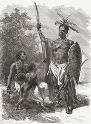 A native of Ougogo, Central Africa, in war dress