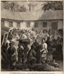 Hostel courtyard in Chiang Ping Cheou. Drawing by Emile Bayard (1837-1891), to illustrate the journey of Shanghai to Moscow, from 1859 to 1862, by M. de Bourboulon, Minister of France to China. Engraving in Le tour du monde, edited by Edouard Charton
